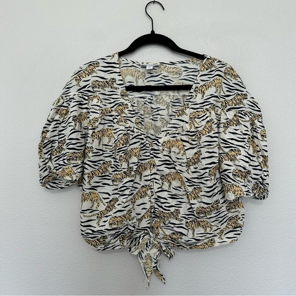Topshop tiger puff sleeve button front tie waist blouse women’s size 8 - Picture 2 of 4
